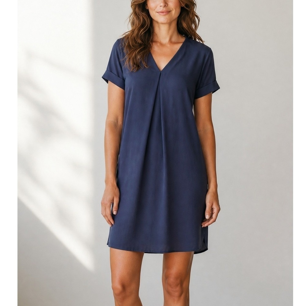 Aliya Blue Draped V-Neck Short Sleeve Shift Dress Cuffed Relaxed Fit Medium
